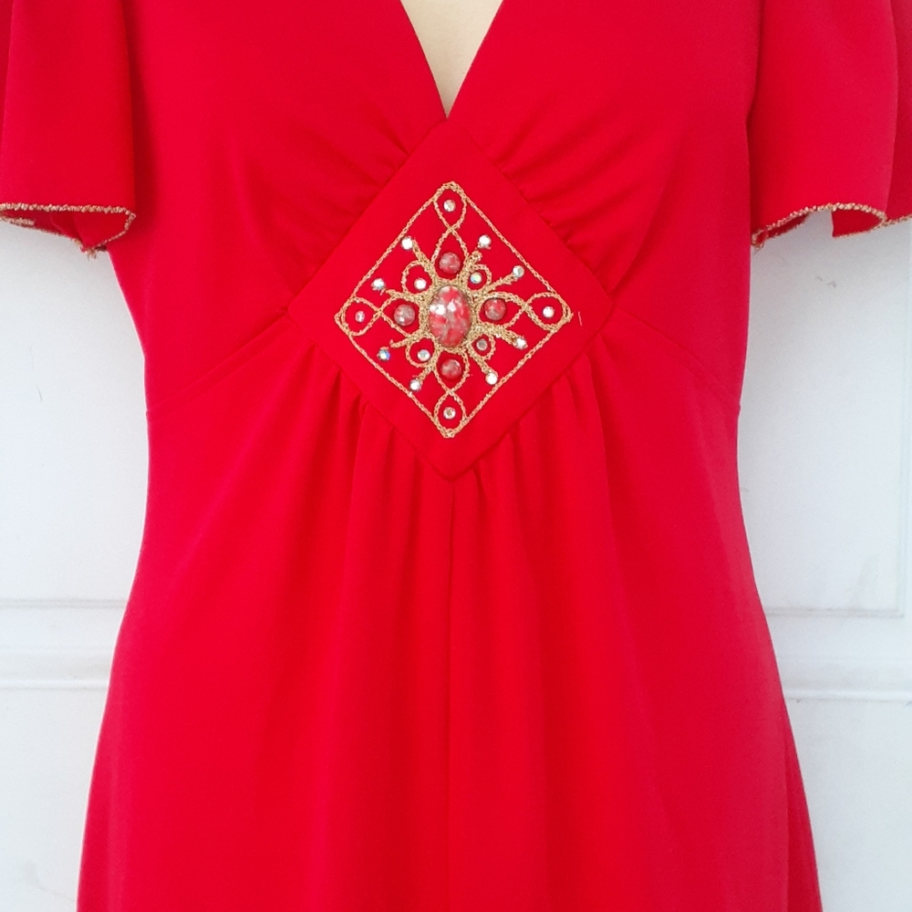 Vintage Red Embellished Diamond Empire Waist Maxi Dress